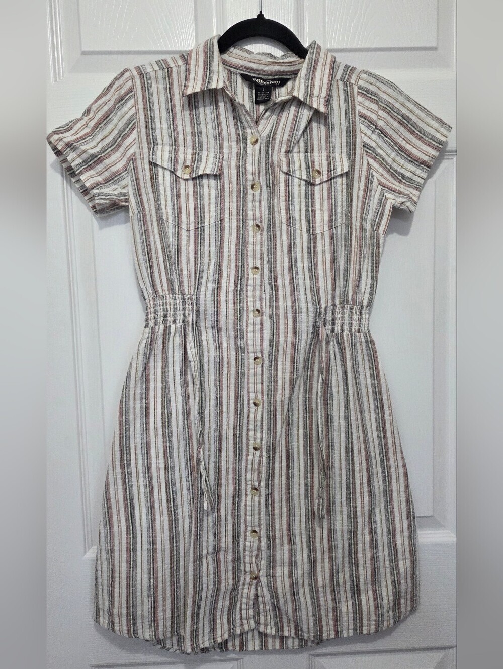 Millennium Multi-color Stripe Collared Button-Front Cotton Mini Dress Size Small